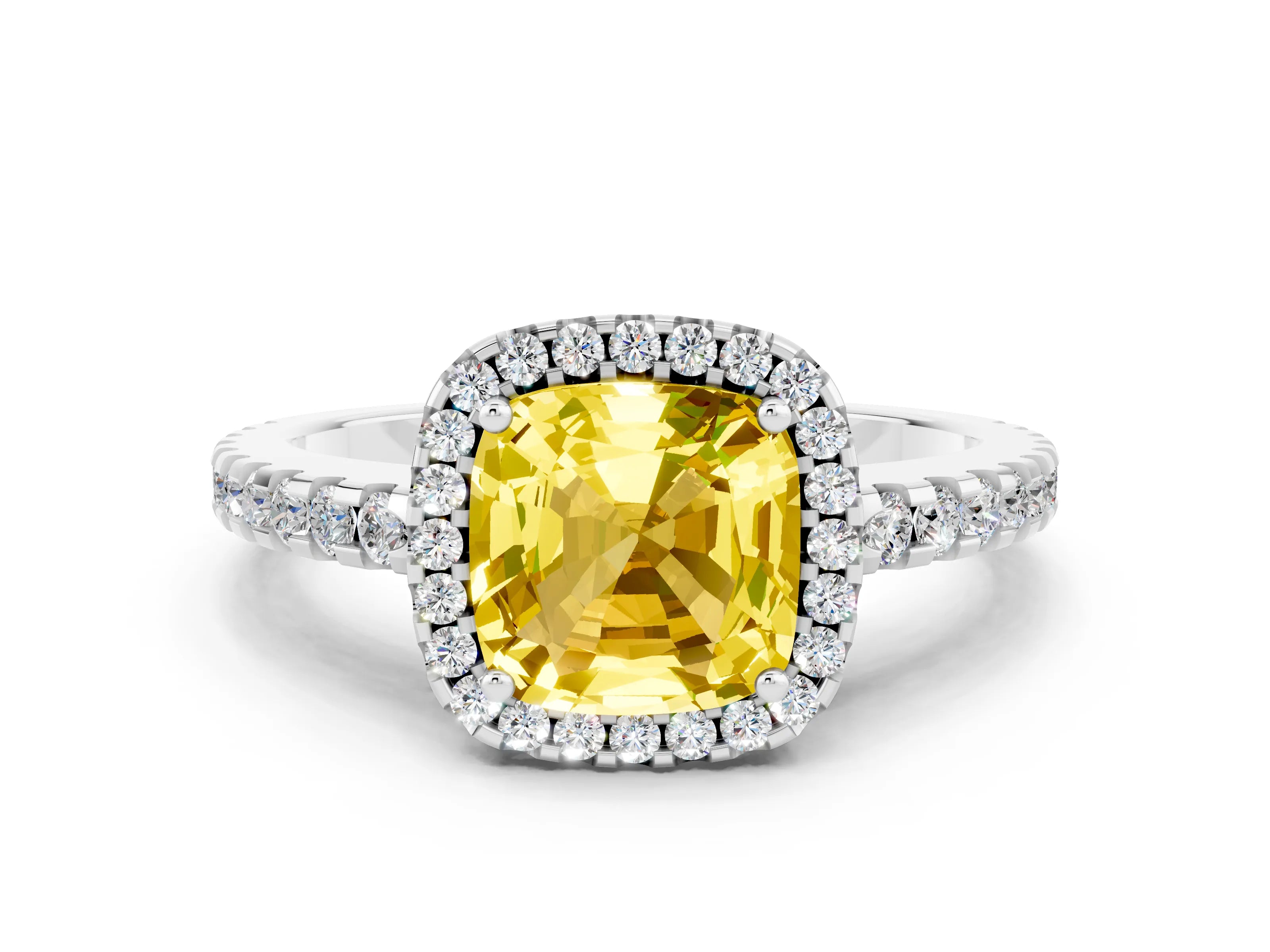 White gold Cushion Cut Yellow Sapphire Halo Engagement Ring with Pavé Band and Prong Setting_12