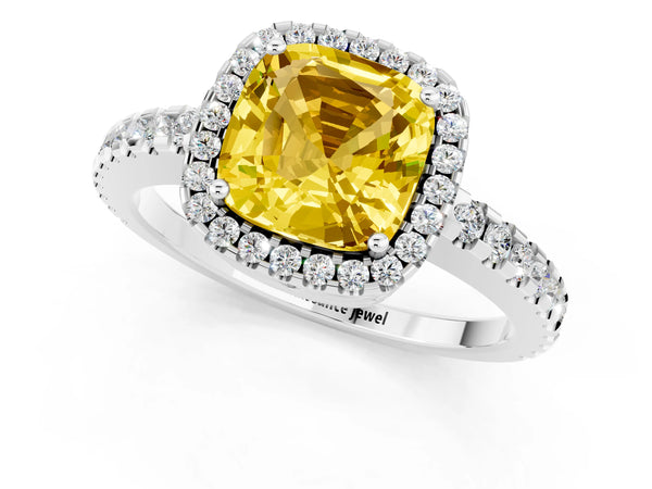 Silver Cushion Cut Yellow Sapphire Halo Engagement Ring with Pavé Band and Prong Setting