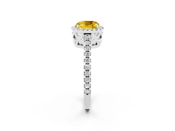 White gold Cushion Cut Yellow Sapphire Halo Engagement Ring with Pavé Band and Prong Setting