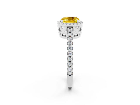 White gold Cushion Cut Yellow Sapphire Halo Engagement Ring with Pavé Band and Prong Setting_14