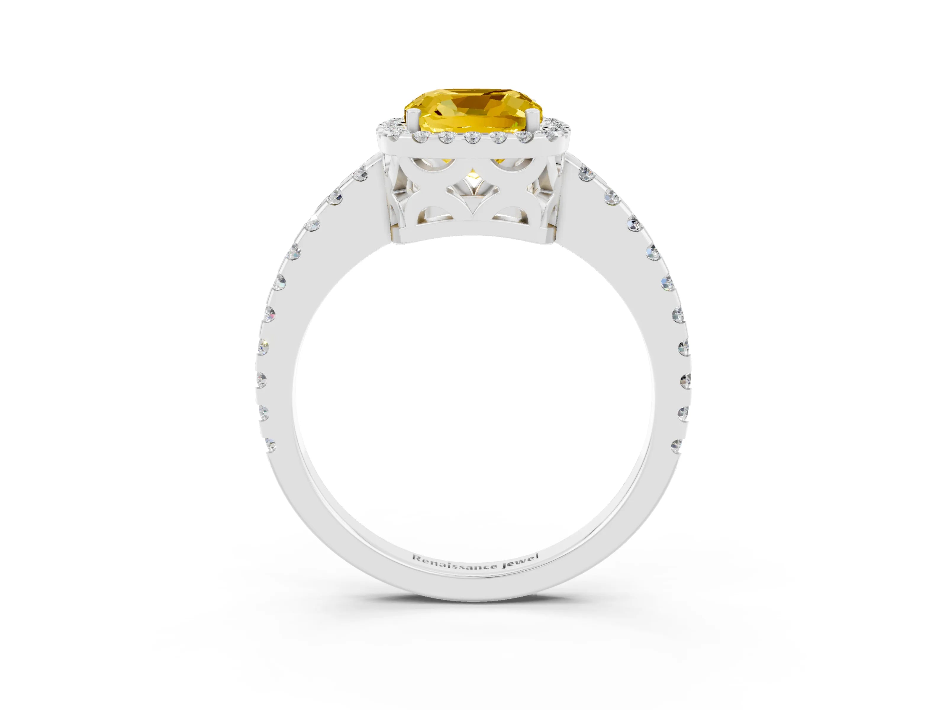 White gold Cushion Cut Yellow Sapphire Halo Engagement Ring with Pavé Band and Prong Setting_15
