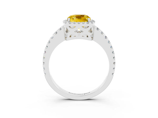 Silver Cushion Cut Yellow Sapphire Halo Engagement Ring with Pavé Band and Prong Setting