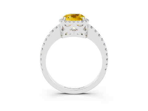 White gold Cushion Cut Yellow Sapphire Halo Engagement Ring with Pavé Band and Prong Setting_15