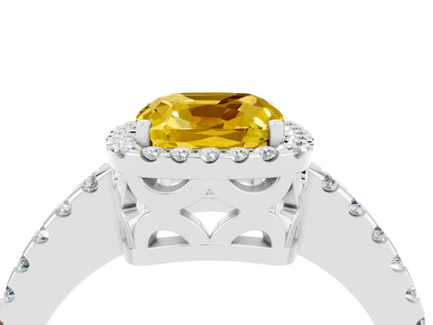 White gold Cushion Cut Yellow Sapphire Halo Engagement Ring with Pavé Band and Prong Setting_16