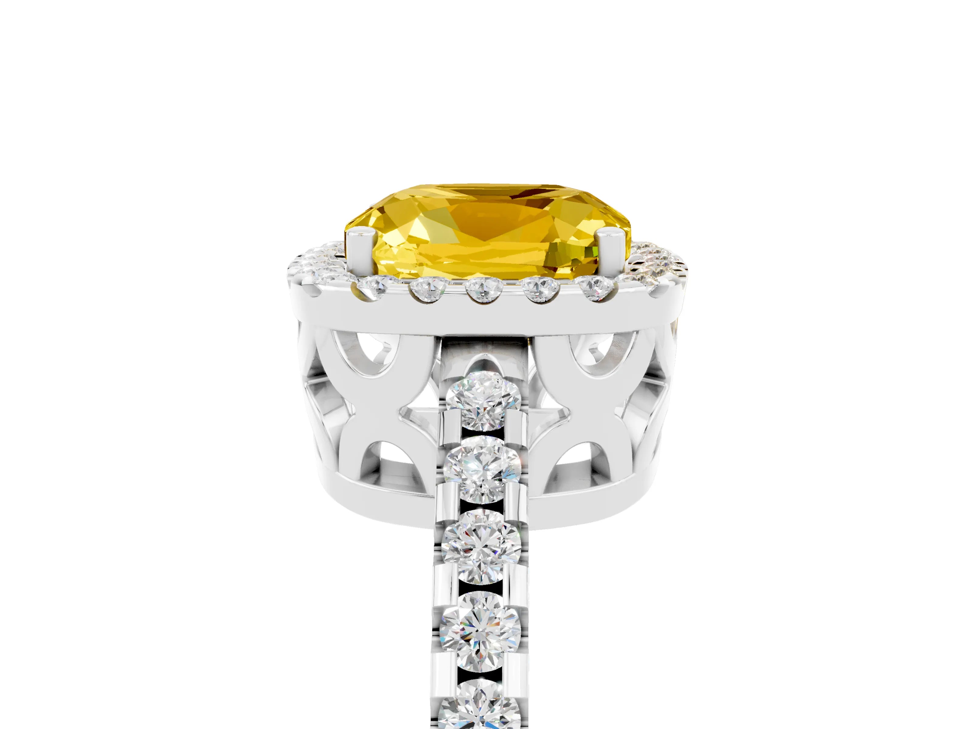 White gold Cushion Cut Yellow Sapphire Halo Engagement Ring with Pavé Band and Prong Setting_17