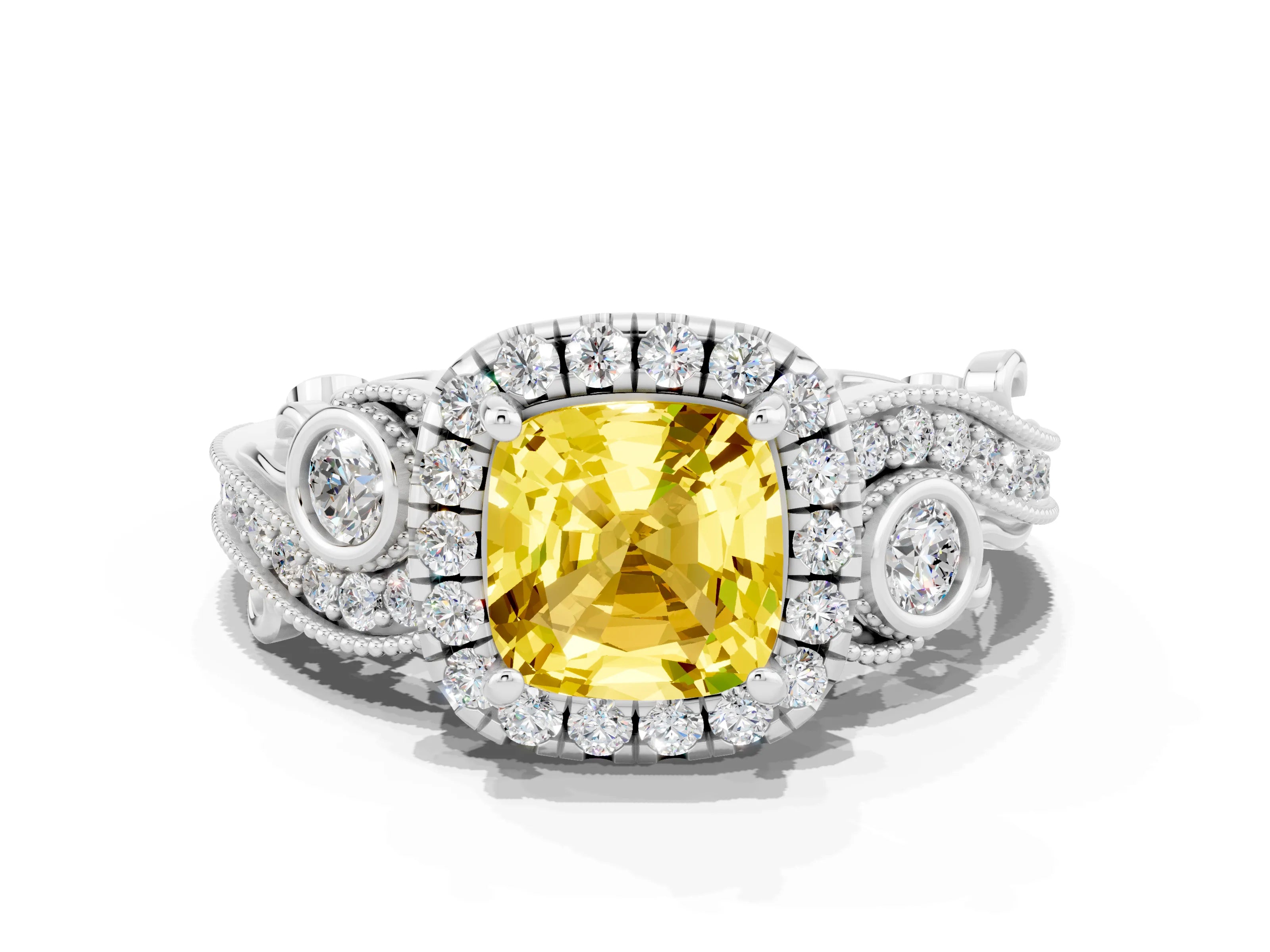 White gold Cushion Cut Yellow Sapphire Halo Ring with Milgrain Pavé Band and Four-Prong Setting_12