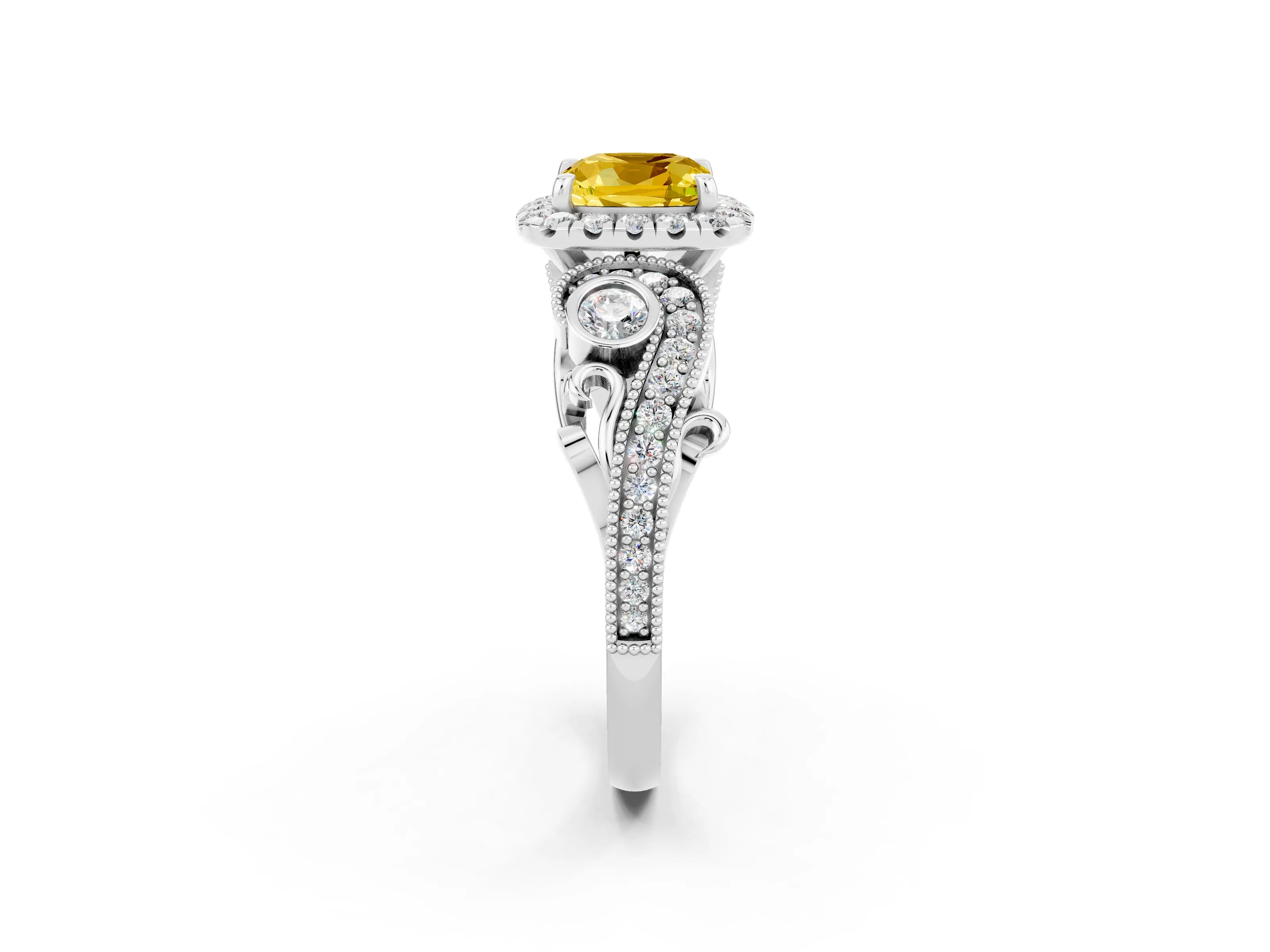 White gold Cushion Cut Yellow Sapphire Halo Ring with Milgrain Pavé Band and Four-Prong Setting_14
