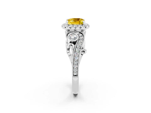 White gold Cushion Cut Yellow Sapphire Halo Ring with Milgrain Pavé Band and Four-Prong Setting_14