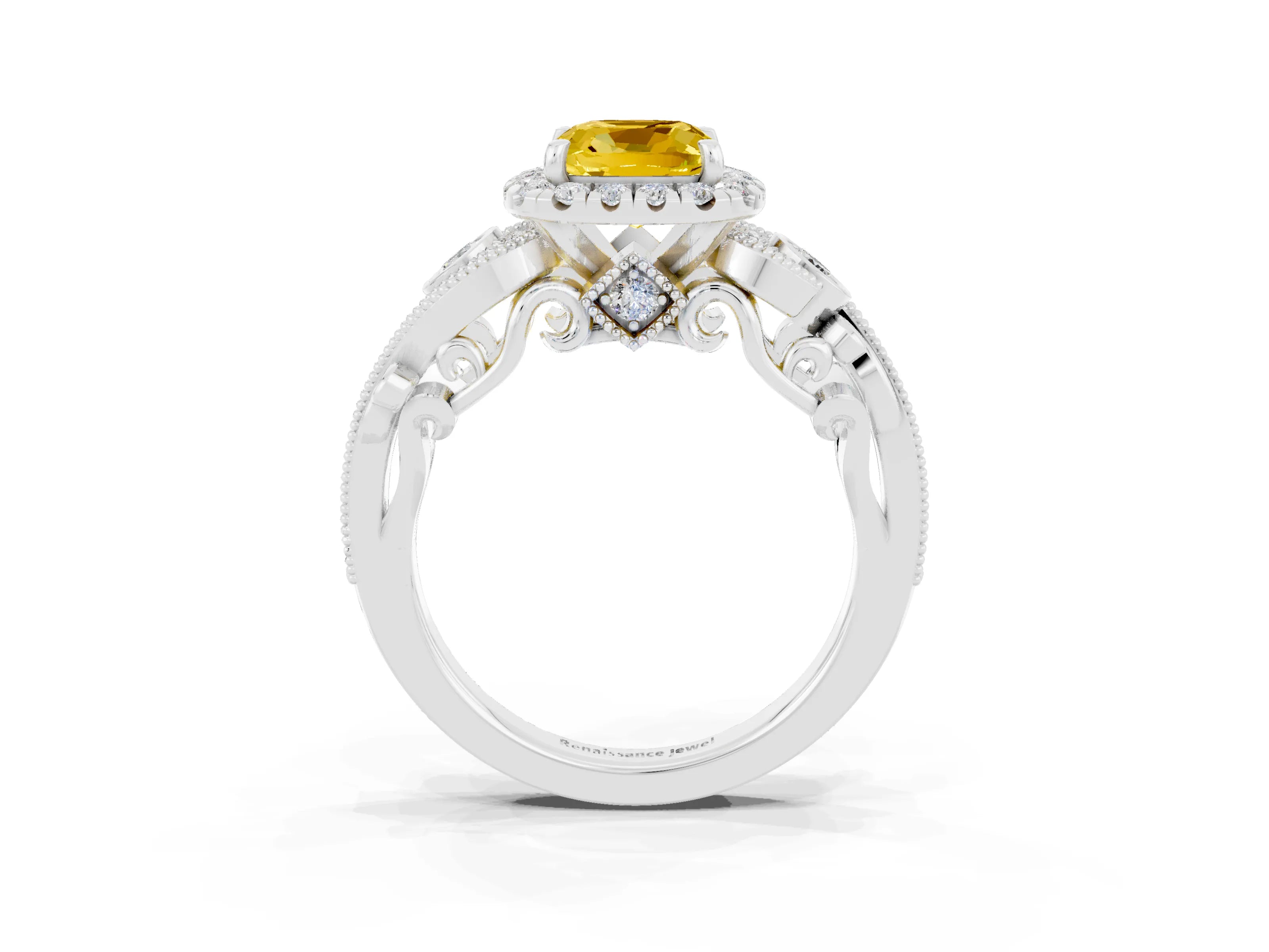 White gold Cushion Cut Yellow Sapphire Halo Ring with Milgrain Pavé Band and Four-Prong Setting_15