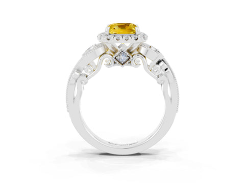 White gold Cushion Cut Yellow Sapphire Halo Ring with Milgrain Pavé Band and Four-Prong Setting_15