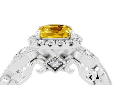 White gold Cushion Cut Yellow Sapphire Halo Ring with Milgrain Pavé Band and Four-Prong Setting_16
