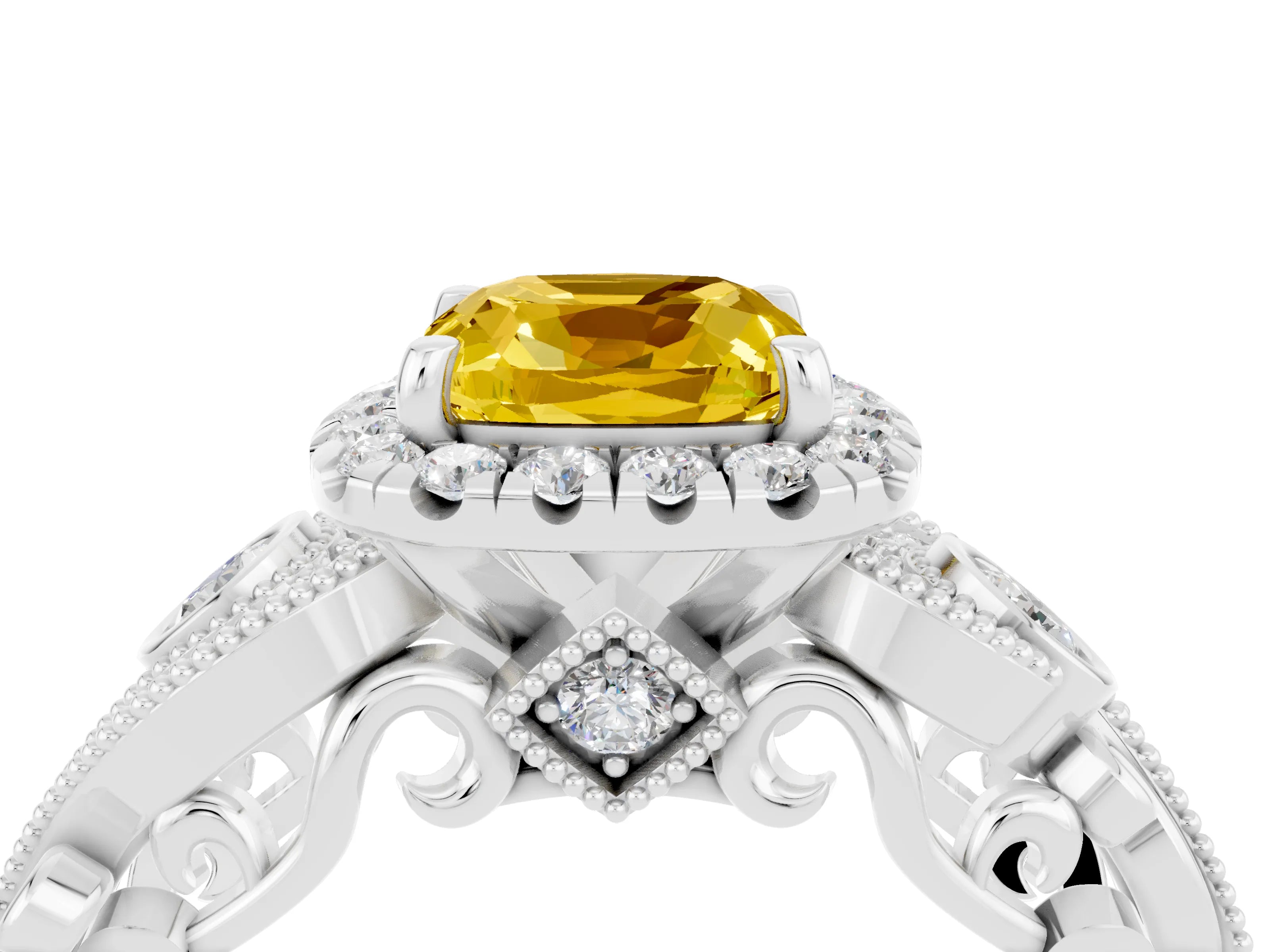 White gold Cushion Cut Yellow Sapphire Halo Ring with Milgrain Pavé Band and Four-Prong Setting_16
