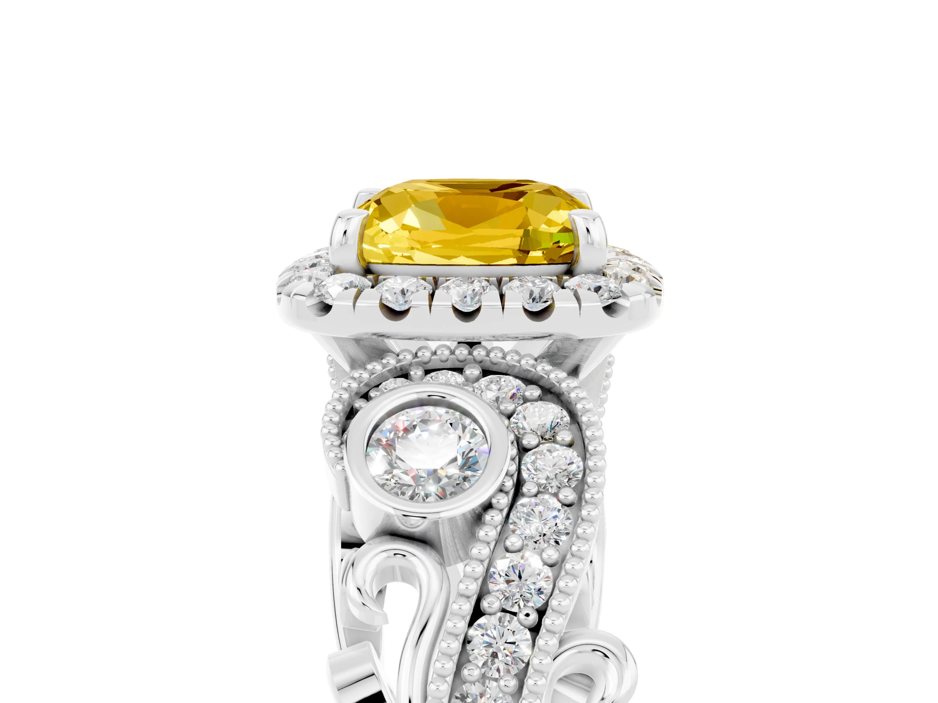 White gold Cushion Cut Yellow Sapphire Halo Ring with Milgrain Pavé Band and Four-Prong Setting_17
