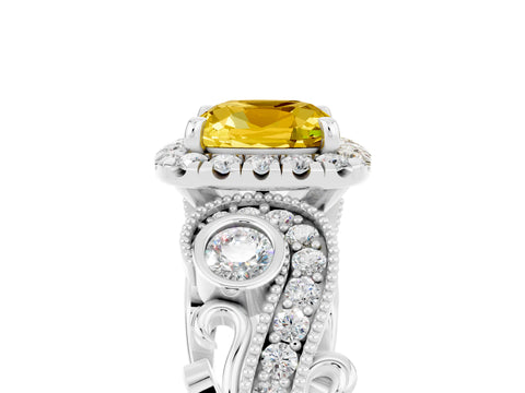 White gold Cushion Cut Yellow Sapphire Halo Ring with Milgrain Pavé Band and Four-Prong Setting_17