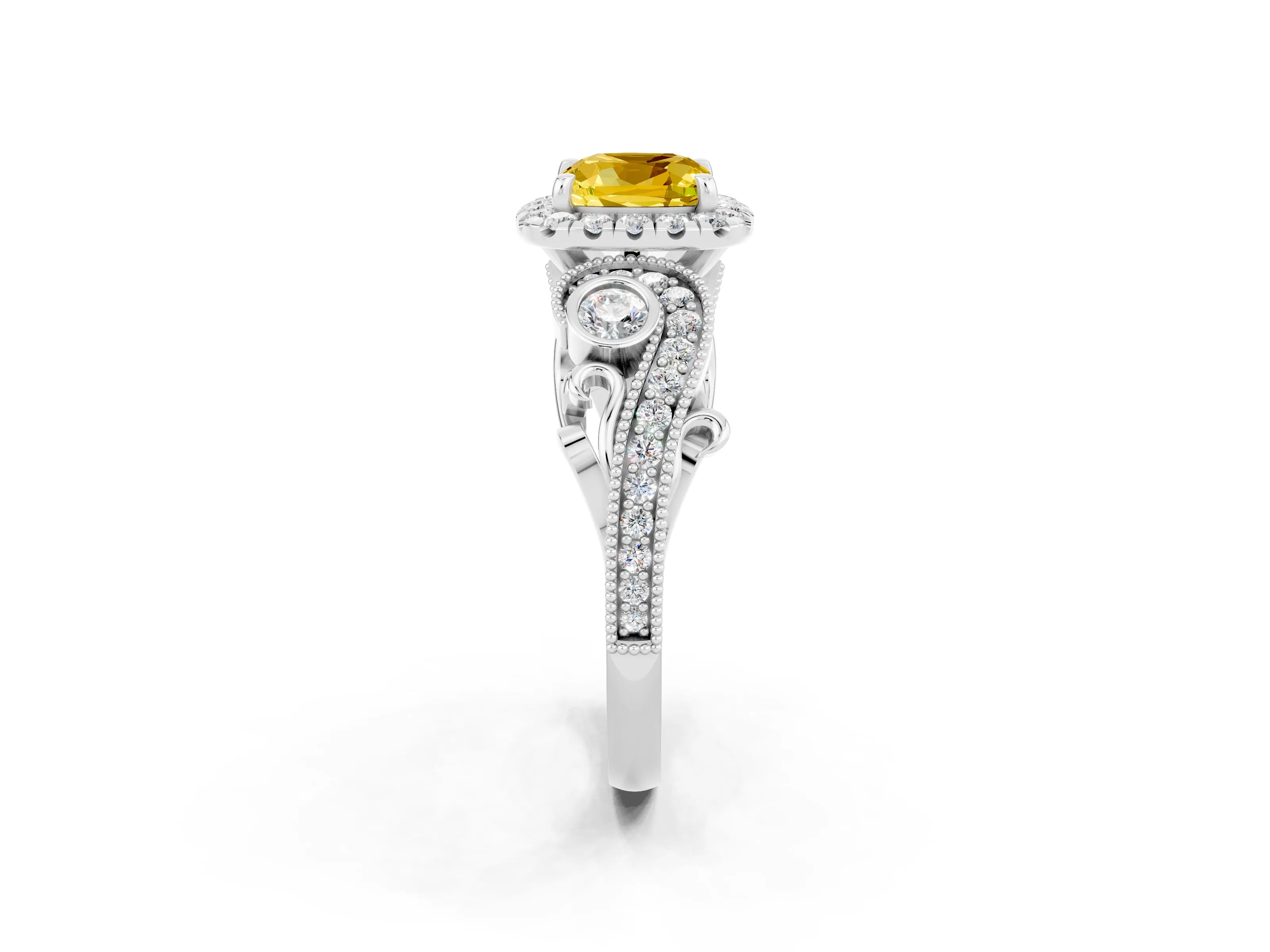 White gold Cushion Cut Yellow Sapphire Halo Ring with Milgrain Pavé Band and Four-Prong Setting_20