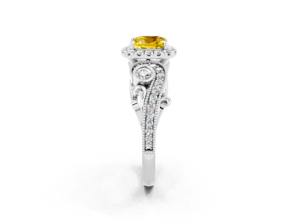 White gold Cushion Cut Yellow Sapphire Halo Ring with Milgrain Pavé Band and Four-Prong Setting