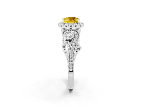 White gold Cushion Cut Yellow Sapphire Halo Ring with Milgrain Pavé Band and Four-Prong Setting_20