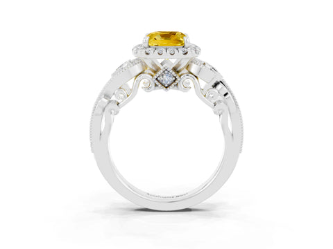 White gold Cushion Cut Yellow Sapphire Halo Ring with Milgrain Pavé Band and Four-Prong Setting_21