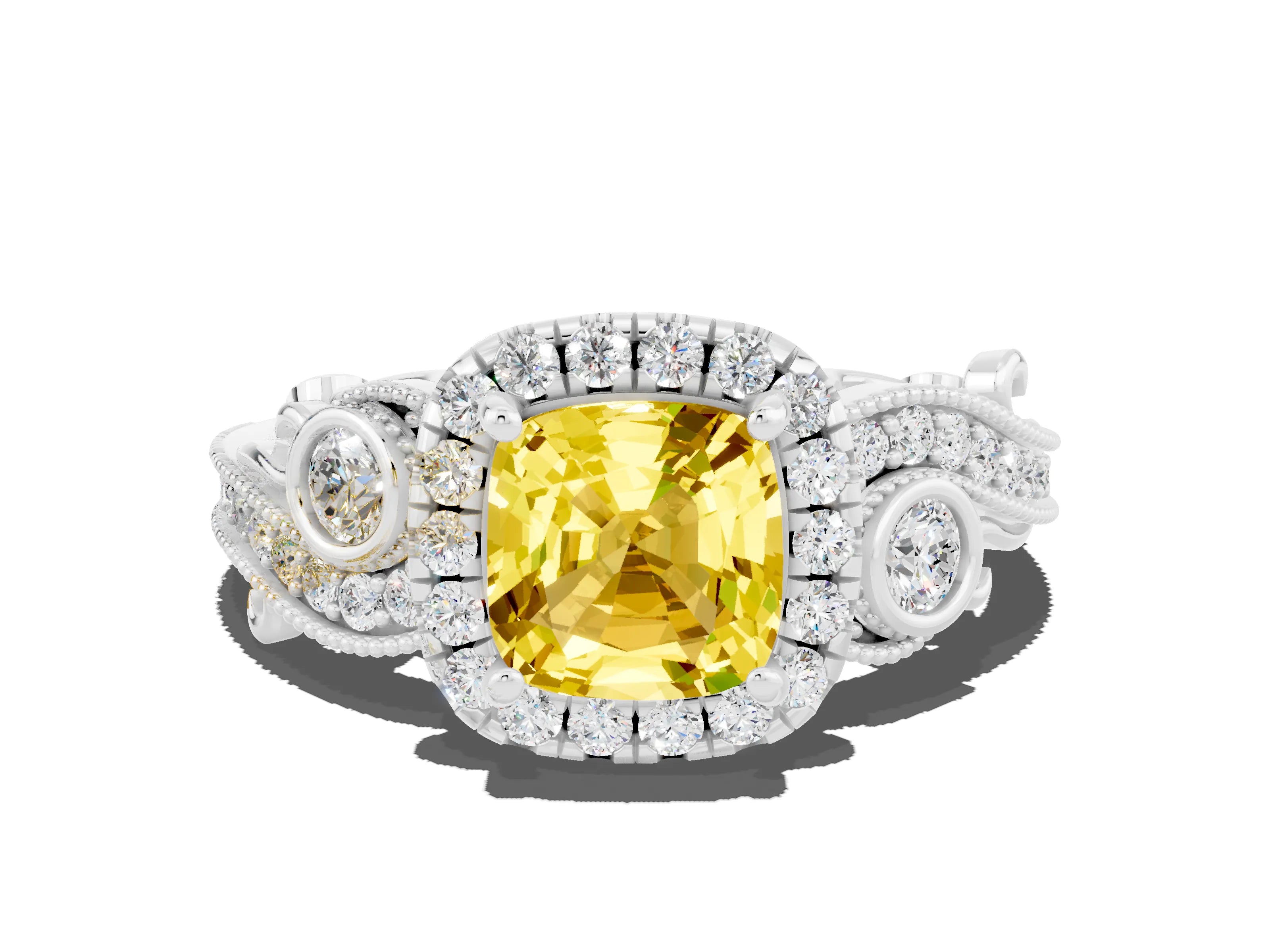 White gold Cushion Cut Yellow Sapphire Halo Ring with Milgrain Pavé Band and Four-Prong Setting_22