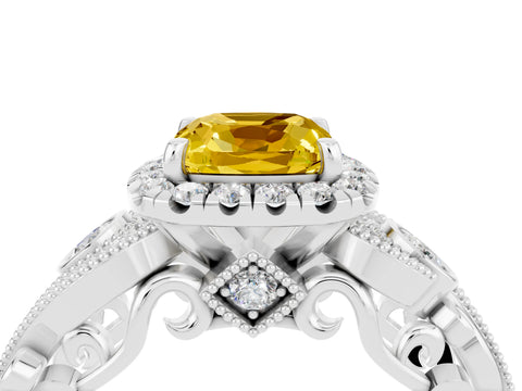 White gold Cushion Cut Yellow Sapphire Halo Ring with Milgrain Pavé Band and Four-Prong Setting_22