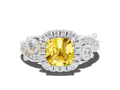 White gold Cushion Cut Yellow Sapphire Halo Ring with Milgrain Pavé Band and Four-Prong Setting_22
