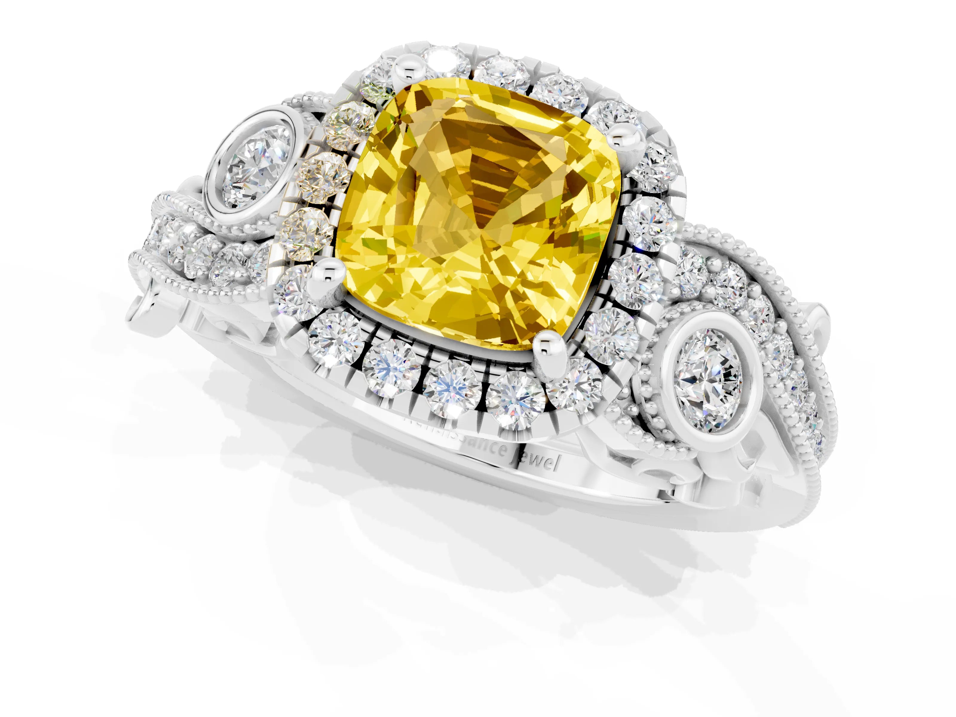 White gold Cushion Cut Yellow Sapphire Halo Ring with Milgrain Pavé Band and Four-Prong Setting_23