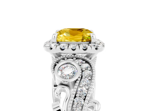 White gold Cushion Cut Yellow Sapphire Halo Ring with Milgrain Pavé Band and Four-Prong Setting_27