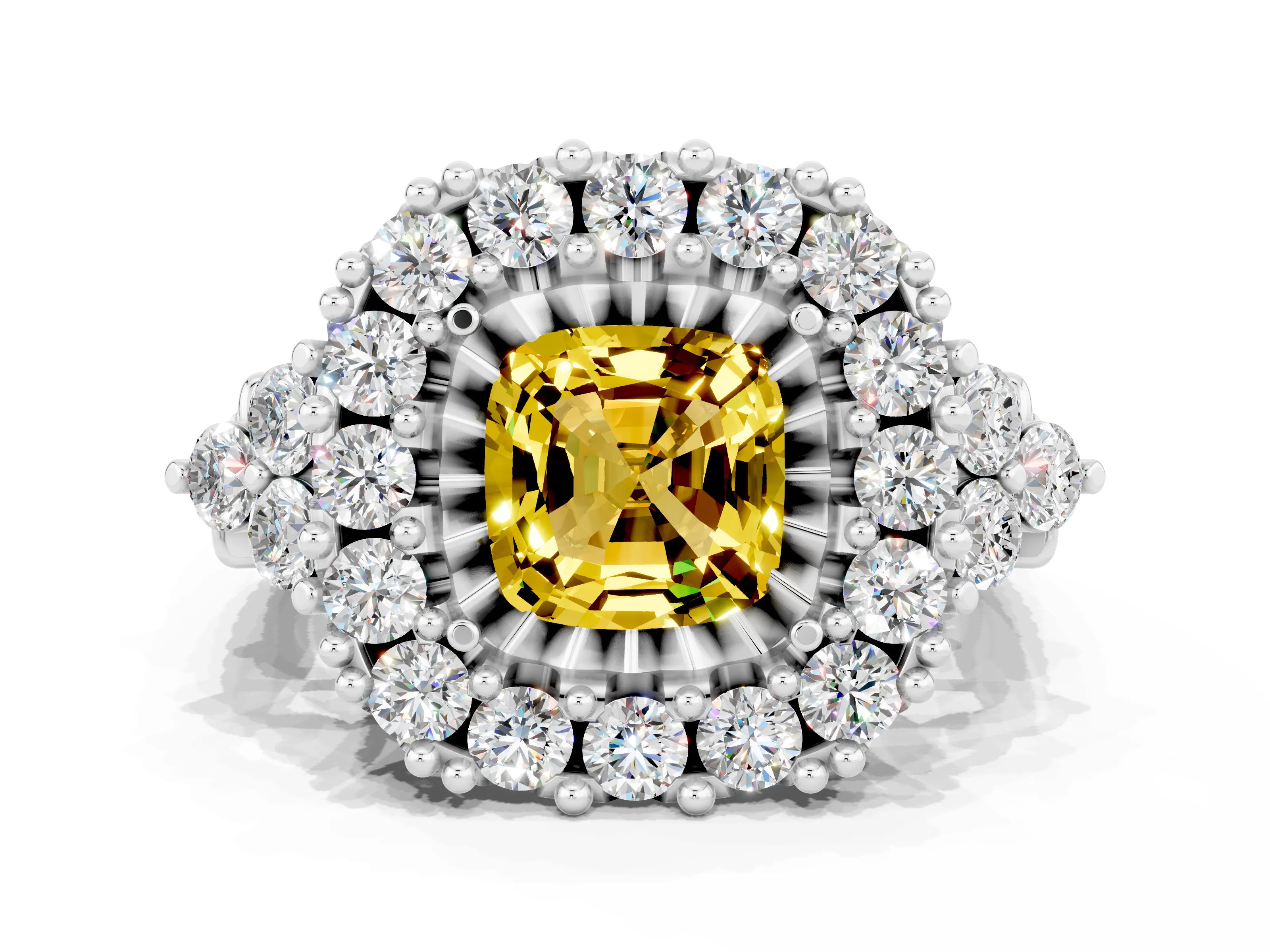 White gold Cushion Cut Yellow Sapphire Halo Ring with Pavé Band and Four-Prong Setting_12