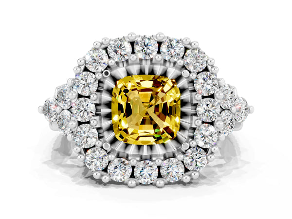 Silver Cushion Cut Yellow Sapphire Halo Ring with Pavé Band and Four-Prong Setting
