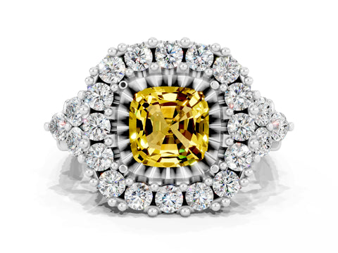 White gold Cushion Cut Yellow Sapphire Halo Ring with Pavé Band and Four-Prong Setting_12