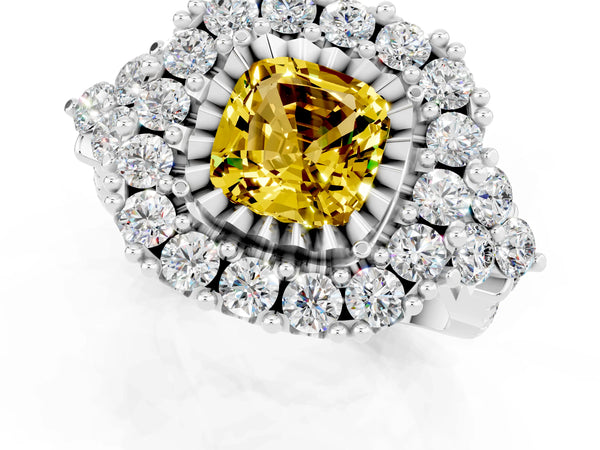 Silver Cushion Cut Yellow Sapphire Halo Ring with Pavé Band and Four-Prong Setting