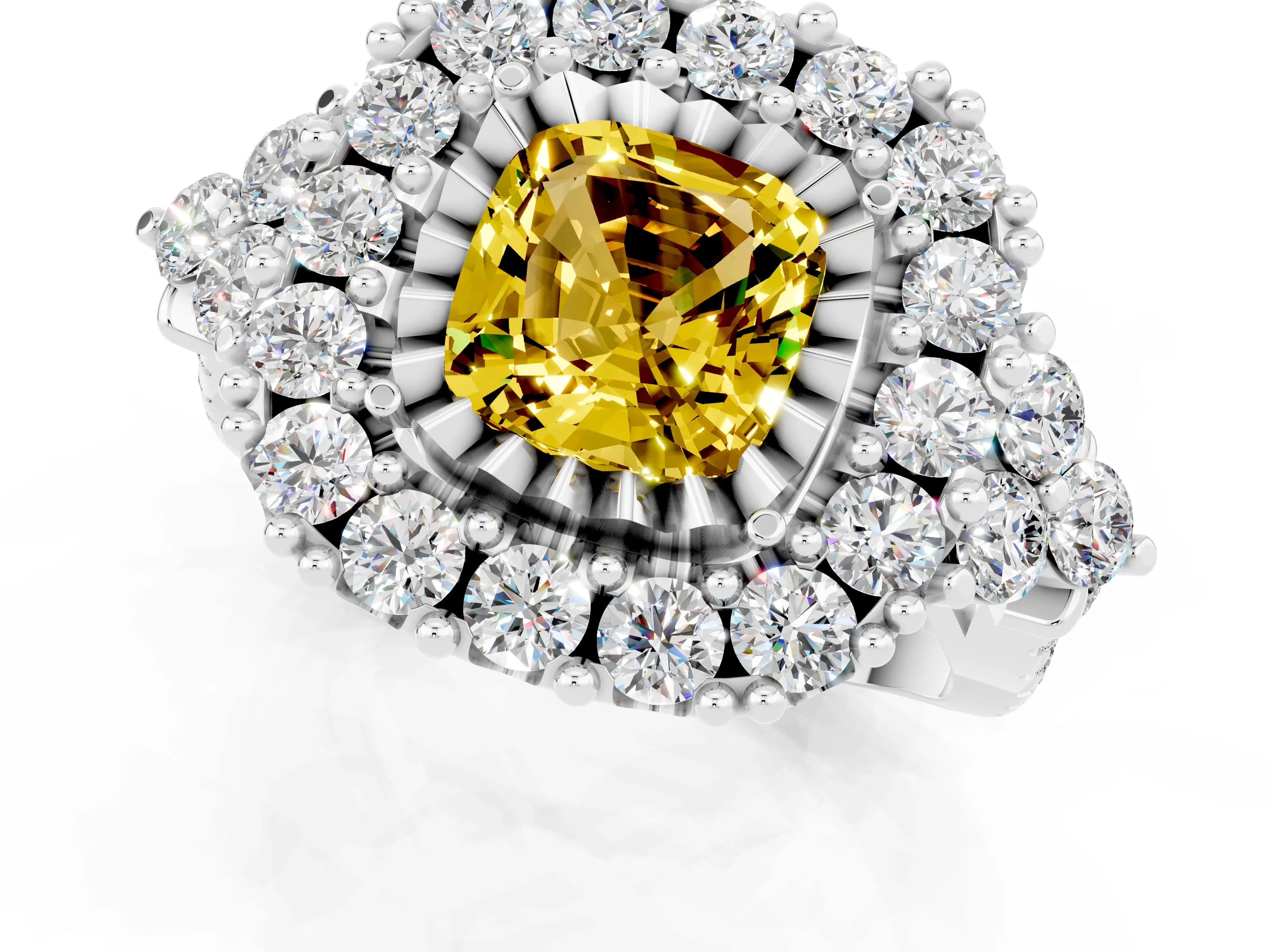 White gold Cushion Cut Yellow Sapphire Halo Ring with Pavé Band and Four-Prong Setting_13