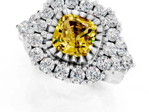 White gold Cushion Cut Yellow Sapphire Halo Ring with Pavé Band and Four-Prong Setting_13