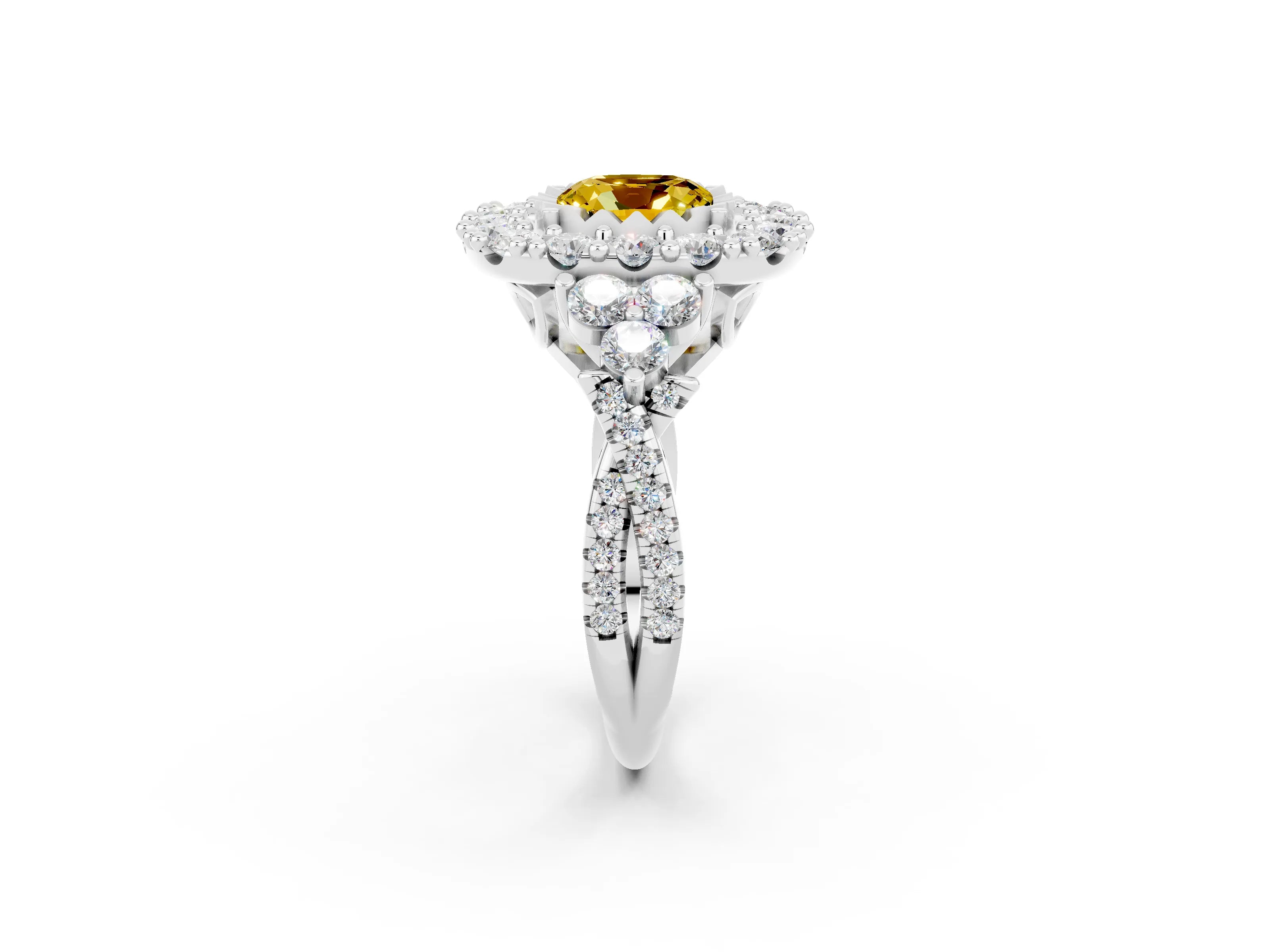 White gold Cushion Cut Yellow Sapphire Halo Ring with Pavé Band and Four-Prong Setting_14