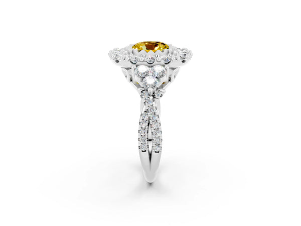 Silver Cushion Cut Yellow Sapphire Halo Ring with Pavé Band and Four-Prong Setting
