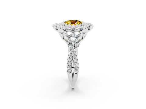 White gold Cushion Cut Yellow Sapphire Halo Ring with Pavé Band and Four-Prong Setting_14