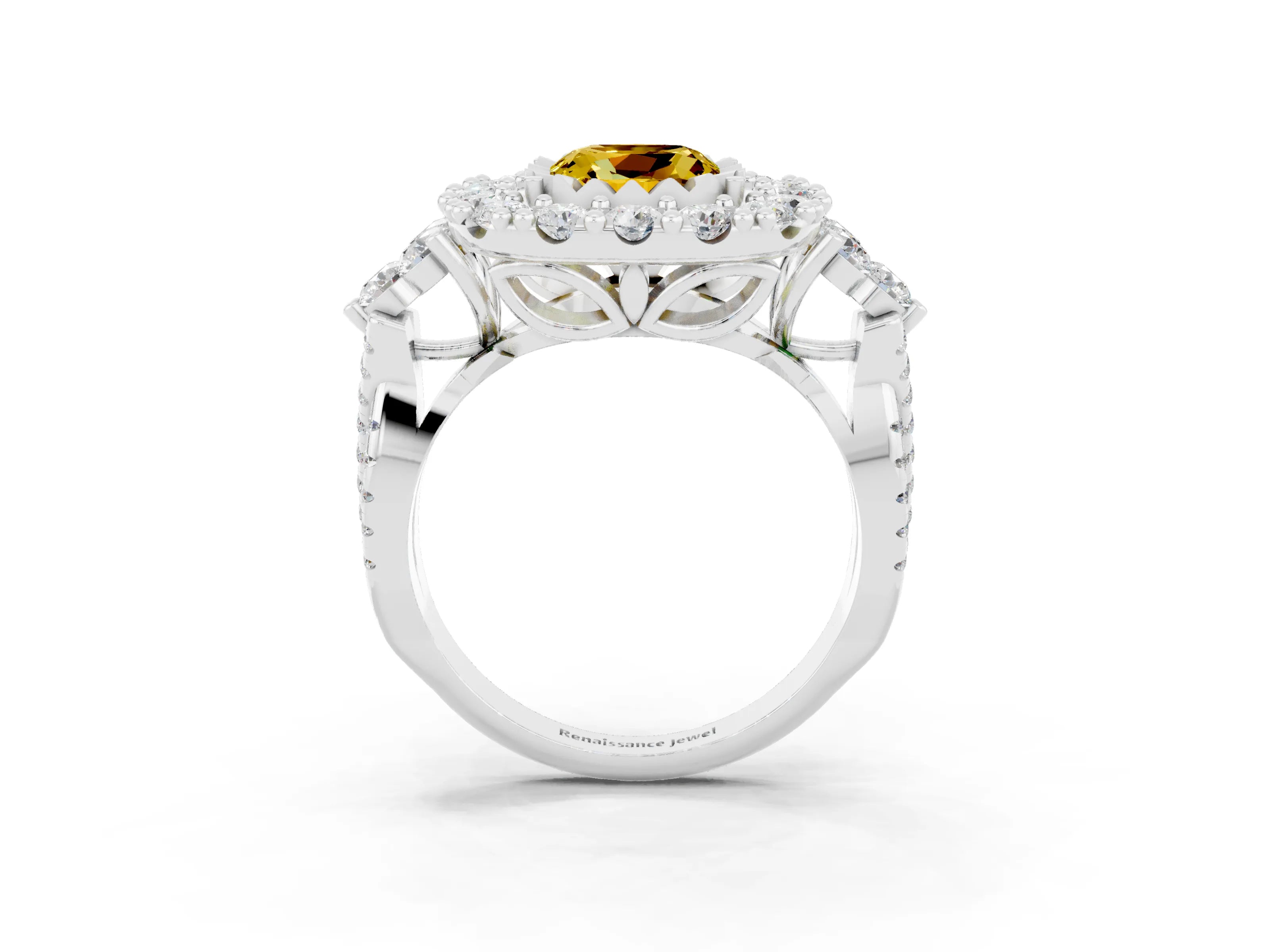 White gold Cushion Cut Yellow Sapphire Halo Ring with Pavé Band and Four-Prong Setting_15