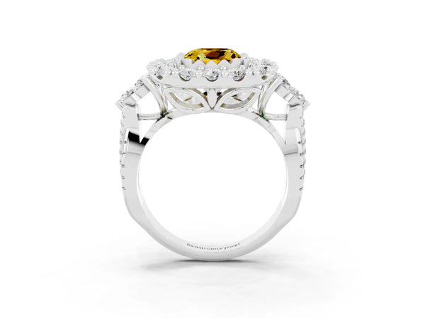 Silver Cushion Cut Yellow Sapphire Halo Ring with Pavé Band and Four-Prong Setting