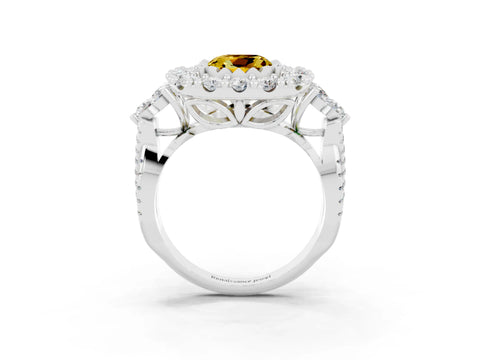 White gold Cushion Cut Yellow Sapphire Halo Ring with Pavé Band and Four-Prong Setting_15