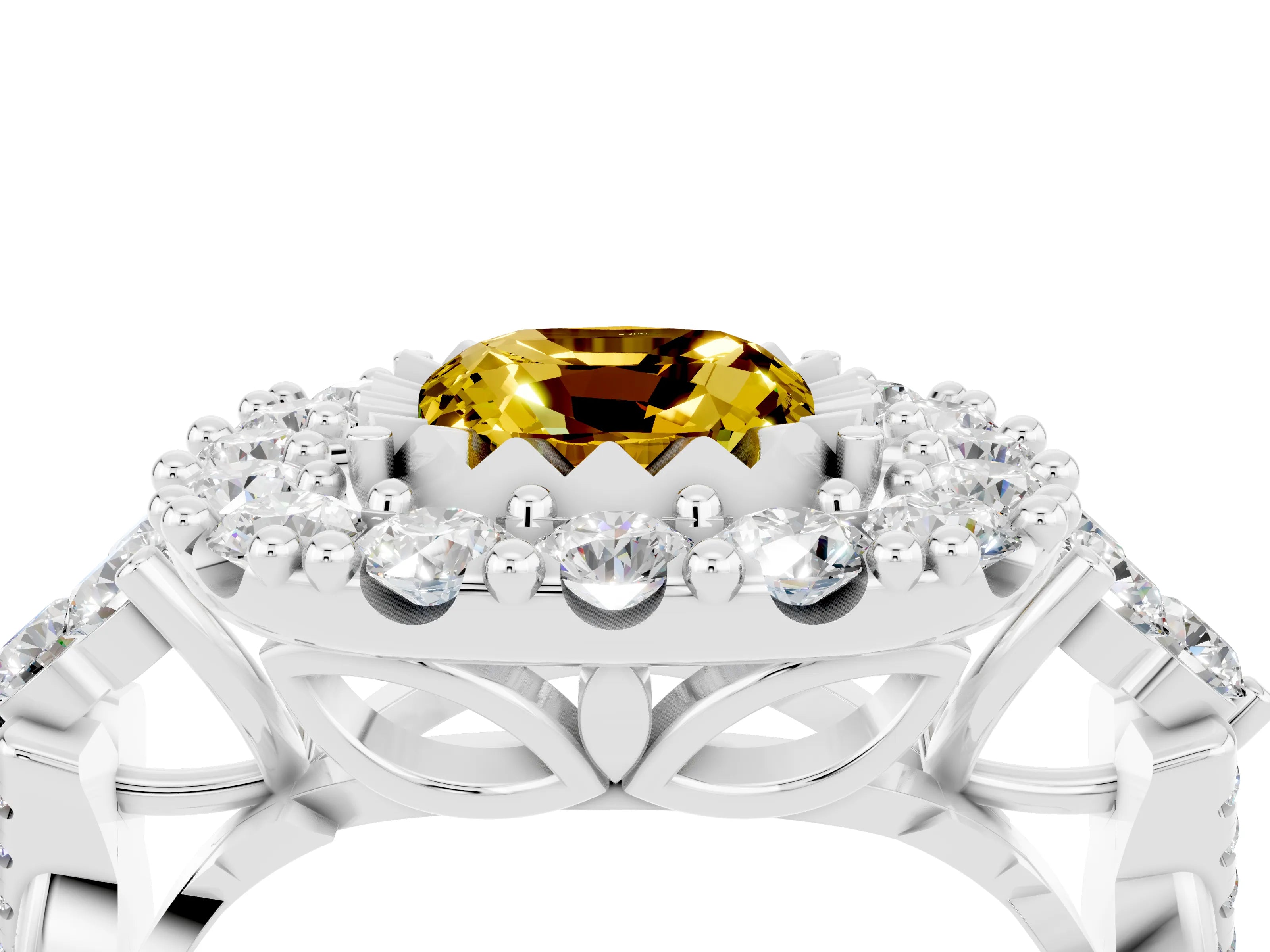 White gold Cushion Cut Yellow Sapphire Halo Ring with Pavé Band and Four-Prong Setting_16
