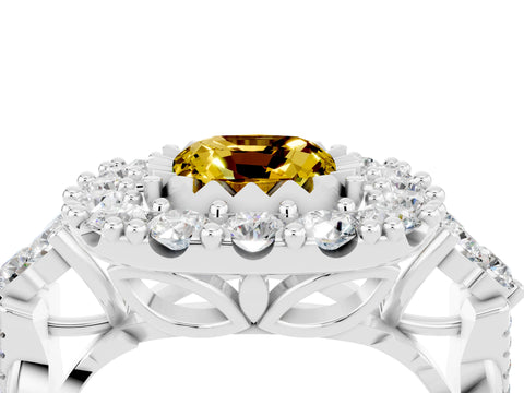 White gold Cushion Cut Yellow Sapphire Halo Ring with Pavé Band and Four-Prong Setting_16