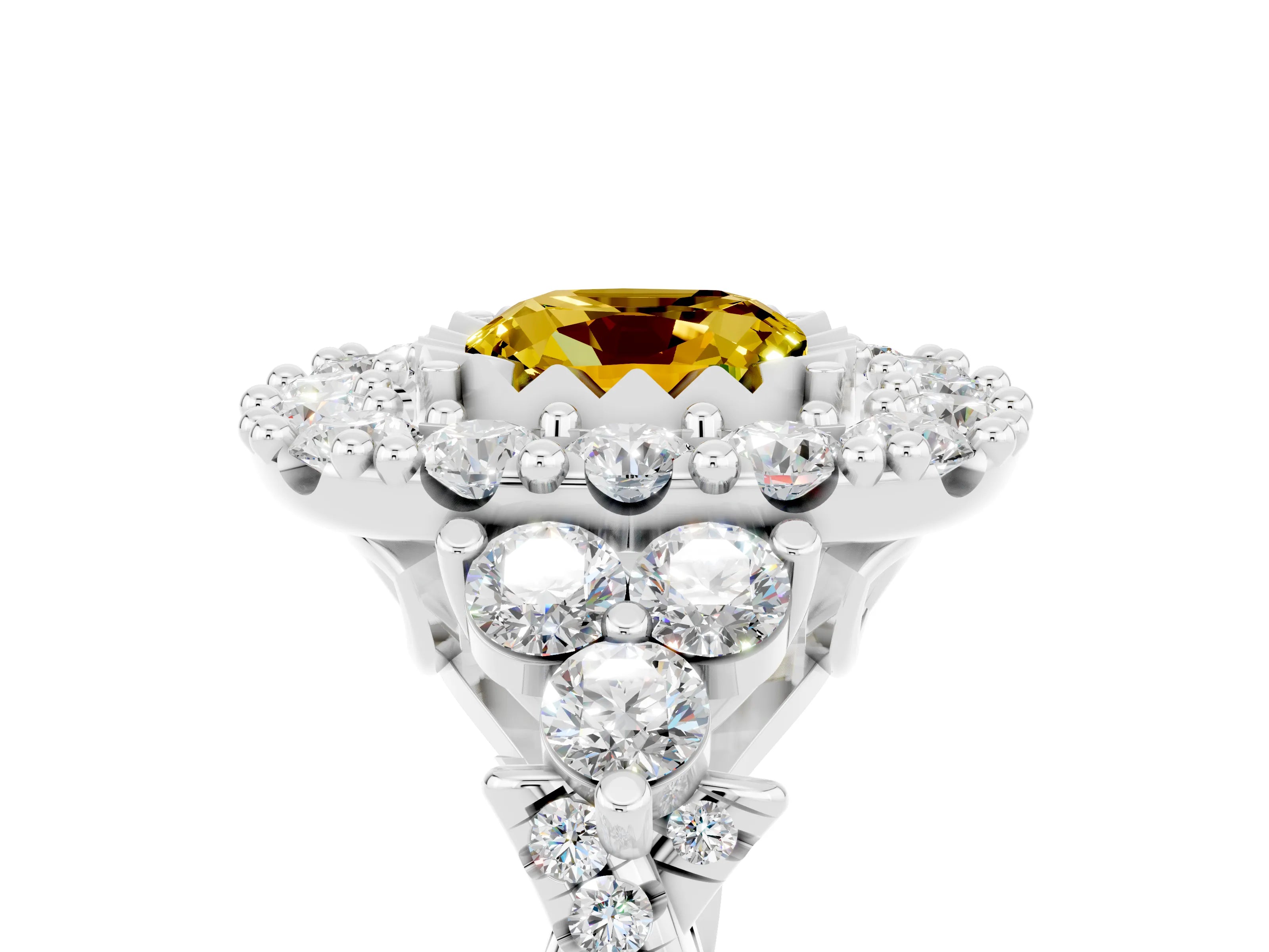 White gold Cushion Cut Yellow Sapphire Halo Ring with Pavé Band and Four-Prong Setting_17