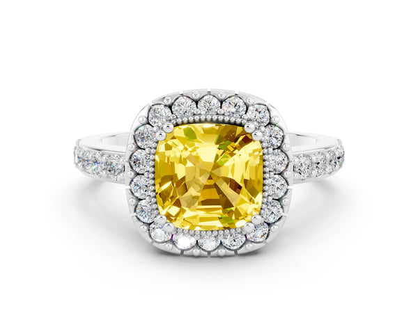 Platinum Cushion Cut Yellow Sapphire Halo Ring with Pavé Band and Prong Setting