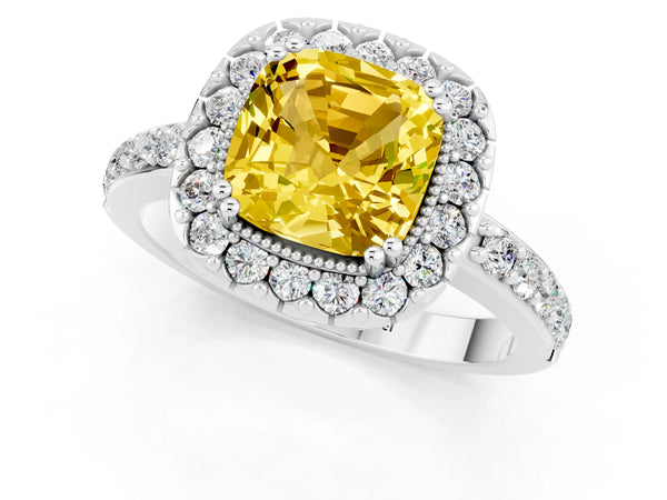 Platinum Cushion Cut Yellow Sapphire Halo Ring with Pavé Band and Prong Setting