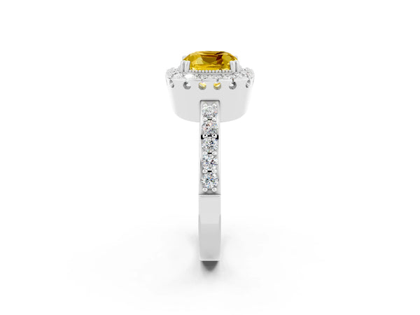 Platinum Cushion Cut Yellow Sapphire Halo Ring with Pavé Band and Prong Setting