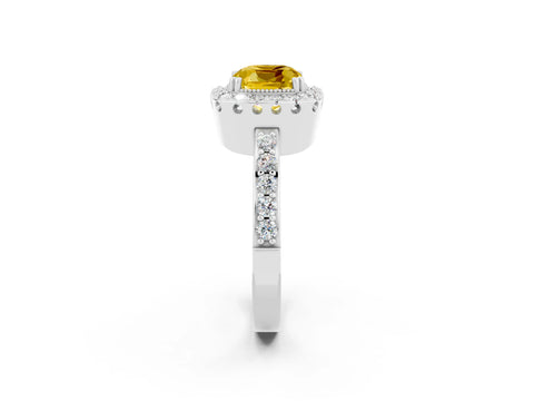 White gold Cushion Cut Yellow Sapphire Halo Ring with Pavé Band and Prong Setting_2