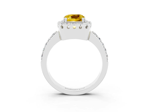 White gold Cushion Cut Yellow Sapphire Halo Ring with Pavé Band and Prong Setting