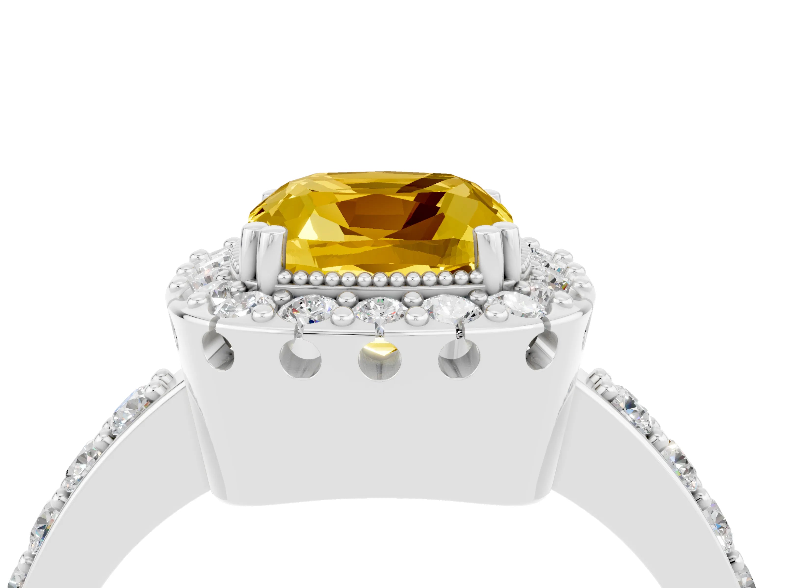 White gold Cushion Cut Yellow Sapphire Halo Ring with Pavé Band and Prong Setting_4