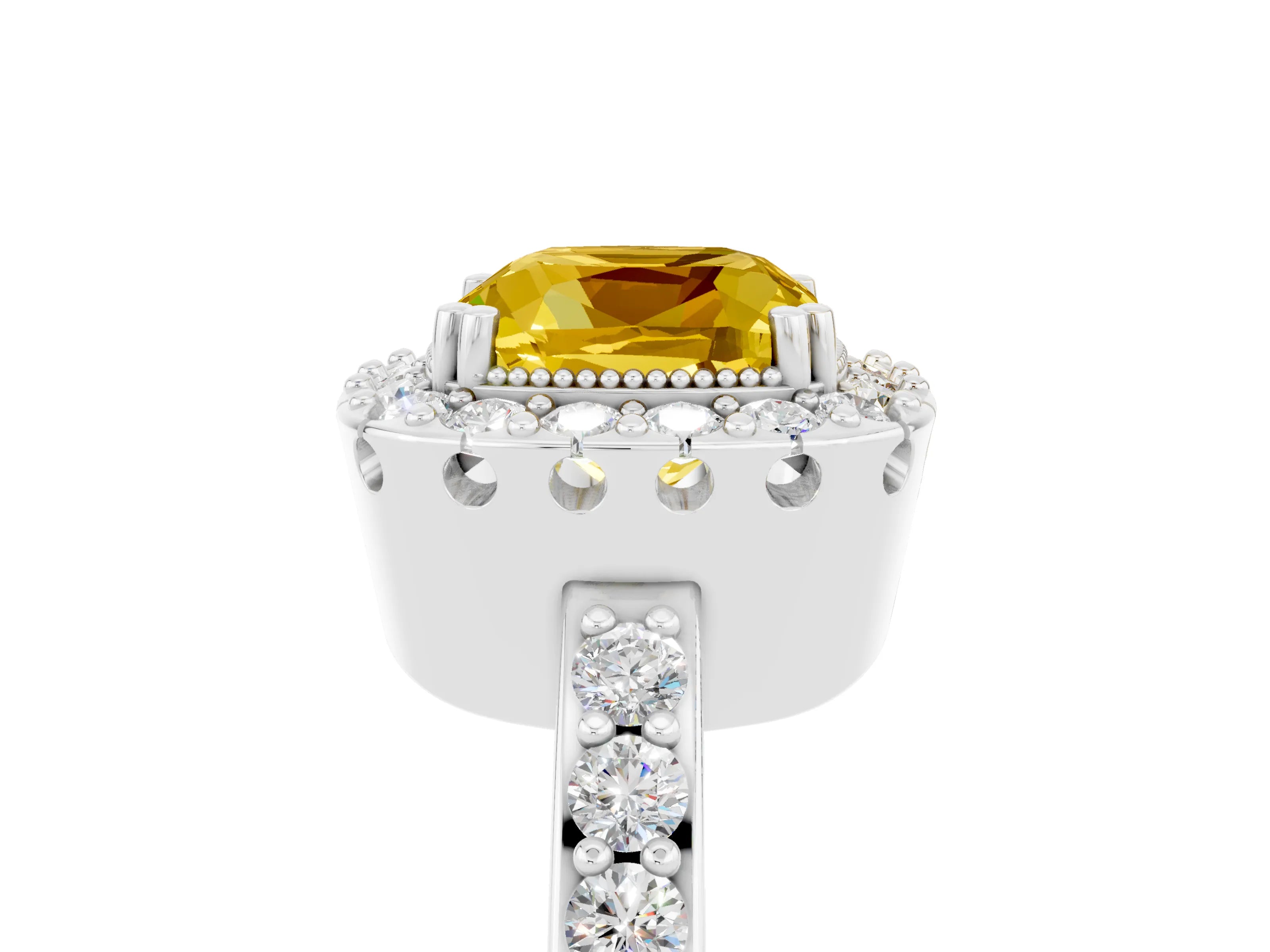 White gold Cushion Cut Yellow Sapphire Halo Ring with Pavé Band and Prong Setting_5