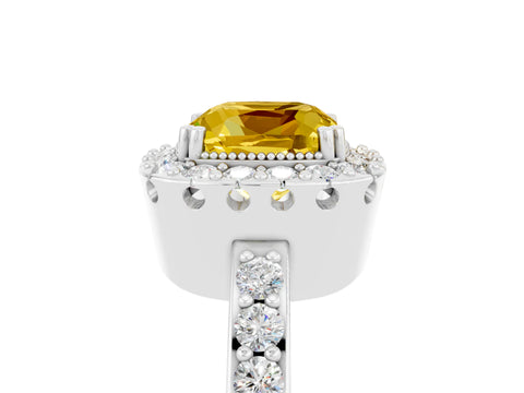 White gold Cushion Cut Yellow Sapphire Halo Ring with Pavé Band and Prong Setting_5